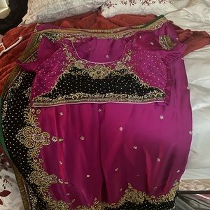 Pink and green velvet Indian saree